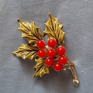 Holly Brooch, Gold Tone With Faux Red Berry And Green Holly Leaves